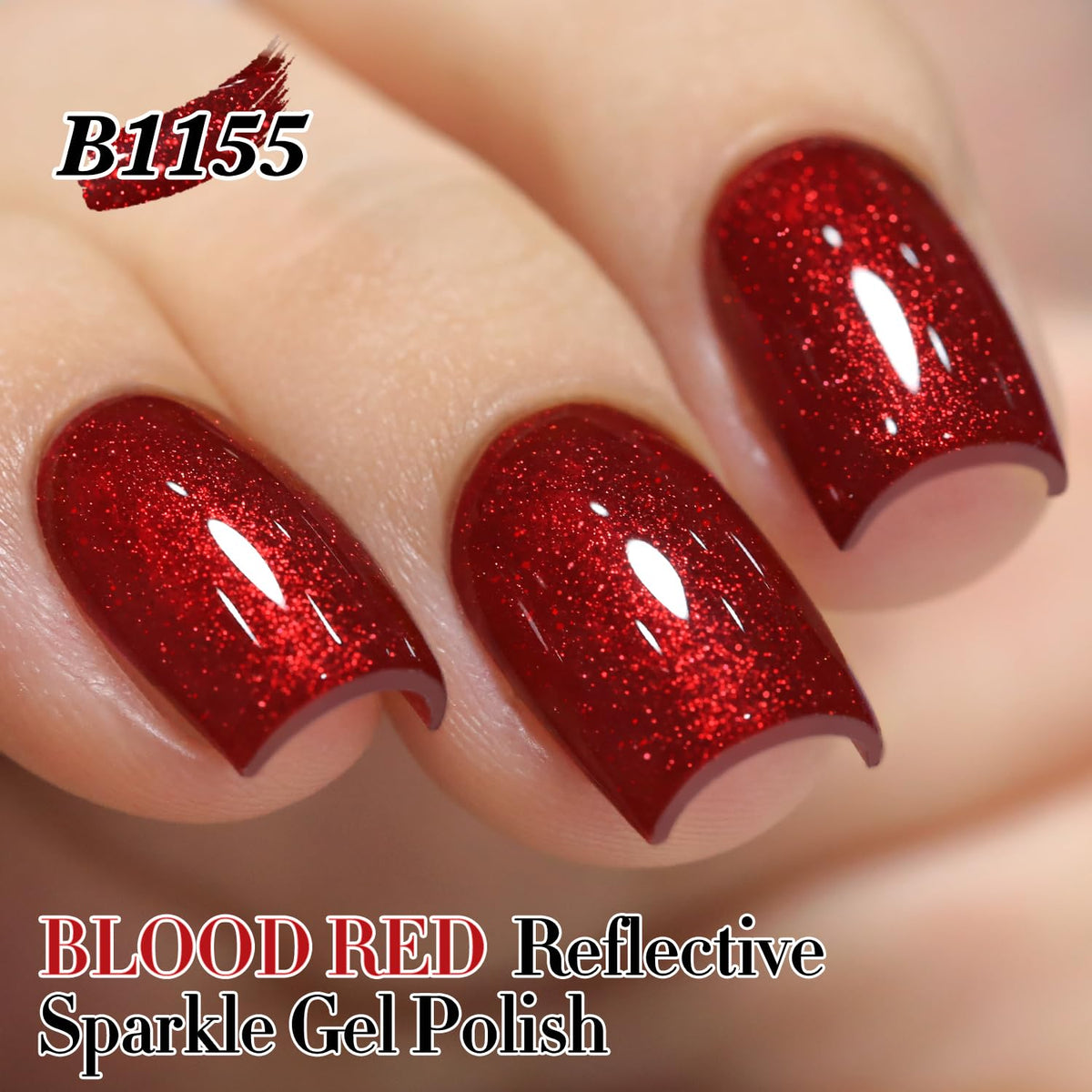 Swatch of Double Rhythm Dark Red Glitter Gel Polish on nails