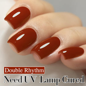 Swatch of Double Rhythm Jelly Gel Polish Brick Red A1488 on nails