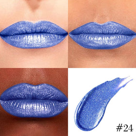Swatch of Kaely Royal Blue Metallic Lipstick on skin