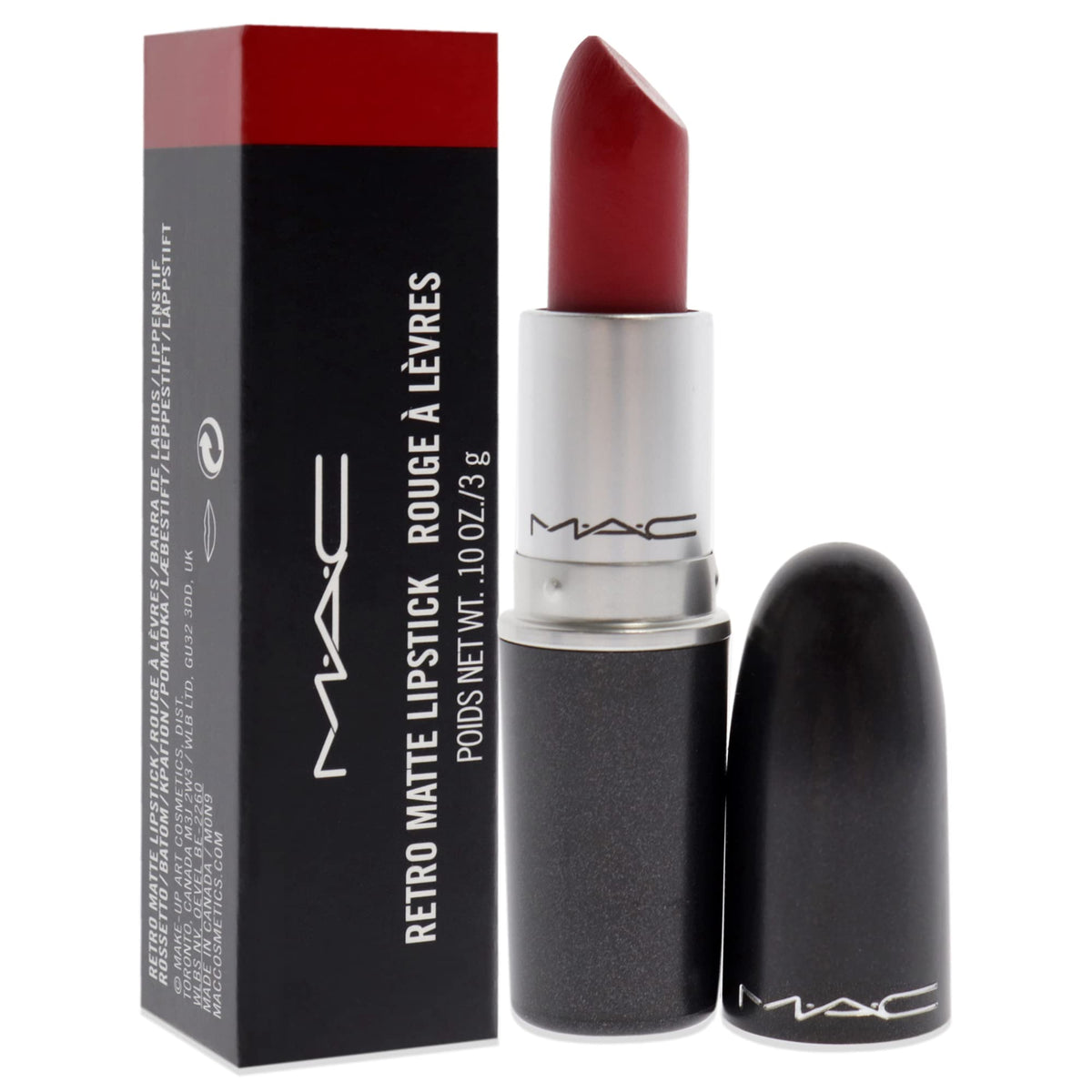 Swatch of MAC Ruby Woo Lipstick on skin