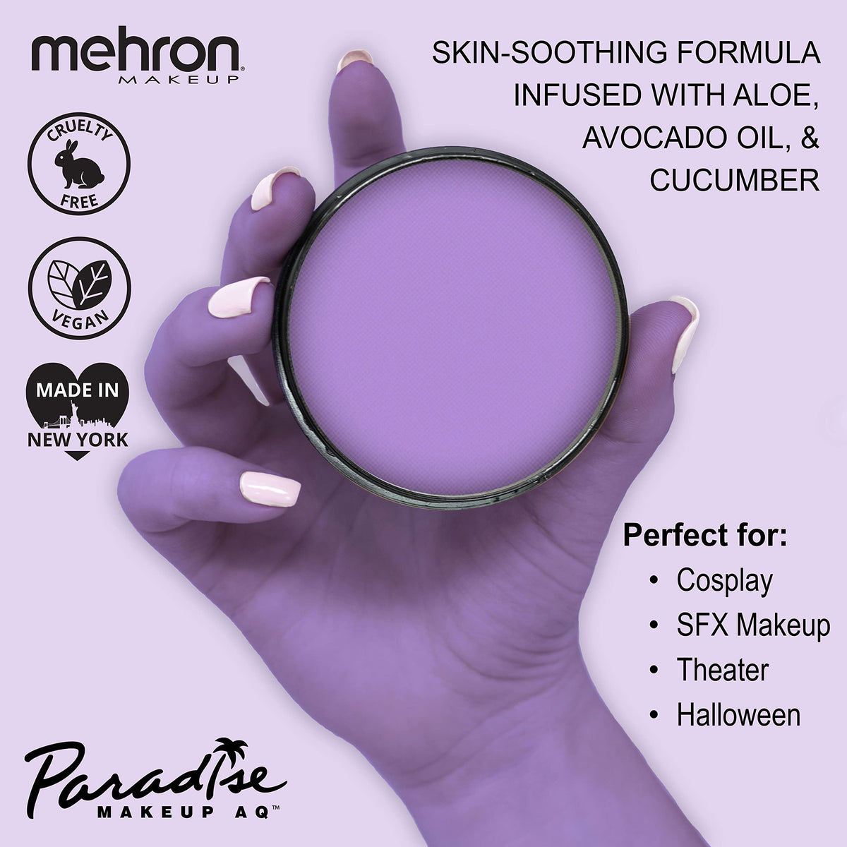 Swatch of Mehron Paradise Makeup AQ Purple body paint on skin