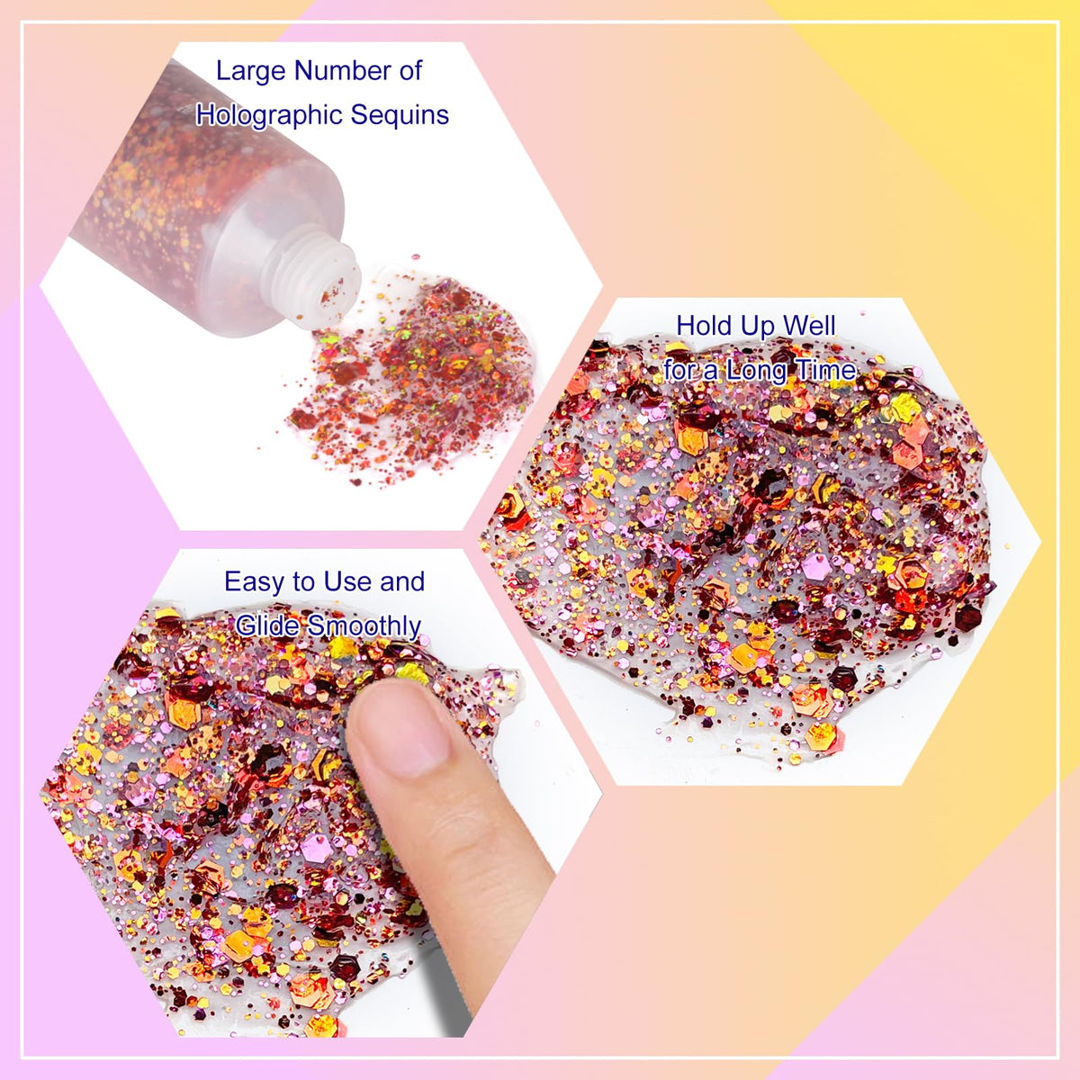 Swatch of MEICOLY Chameleon Body Glitter Gel on skin showing colour shift