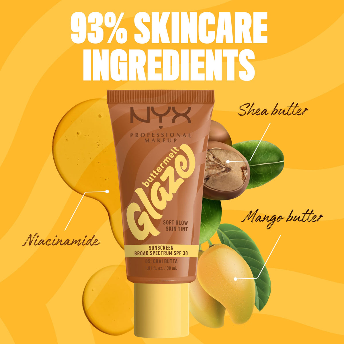 Swatch of NYX Buttermelt Glaze Skin Tint 05 Chai Butta