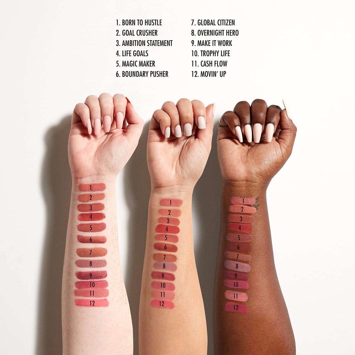 Swatch of NYX Shine Loud Liquid Lipstick Life Goals on skin