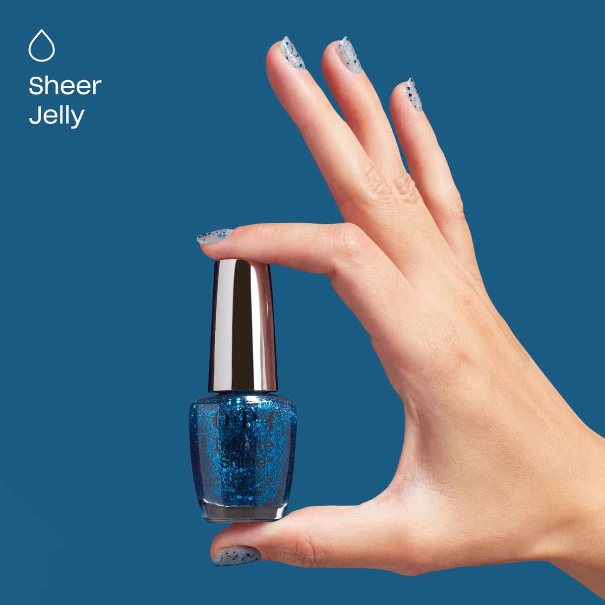 Swatch of OPI Dust the Competition jelly blue nail polish