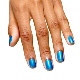 Swatch of OPI Y2Slay bright blue nail polish on nails