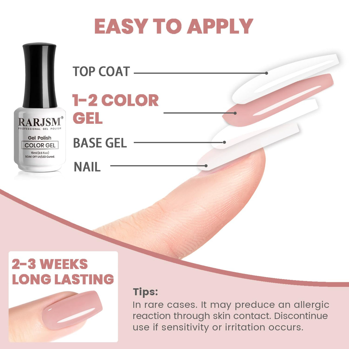 Swatch of RARJSM Nude Gel Nail Polish 15ml on nails