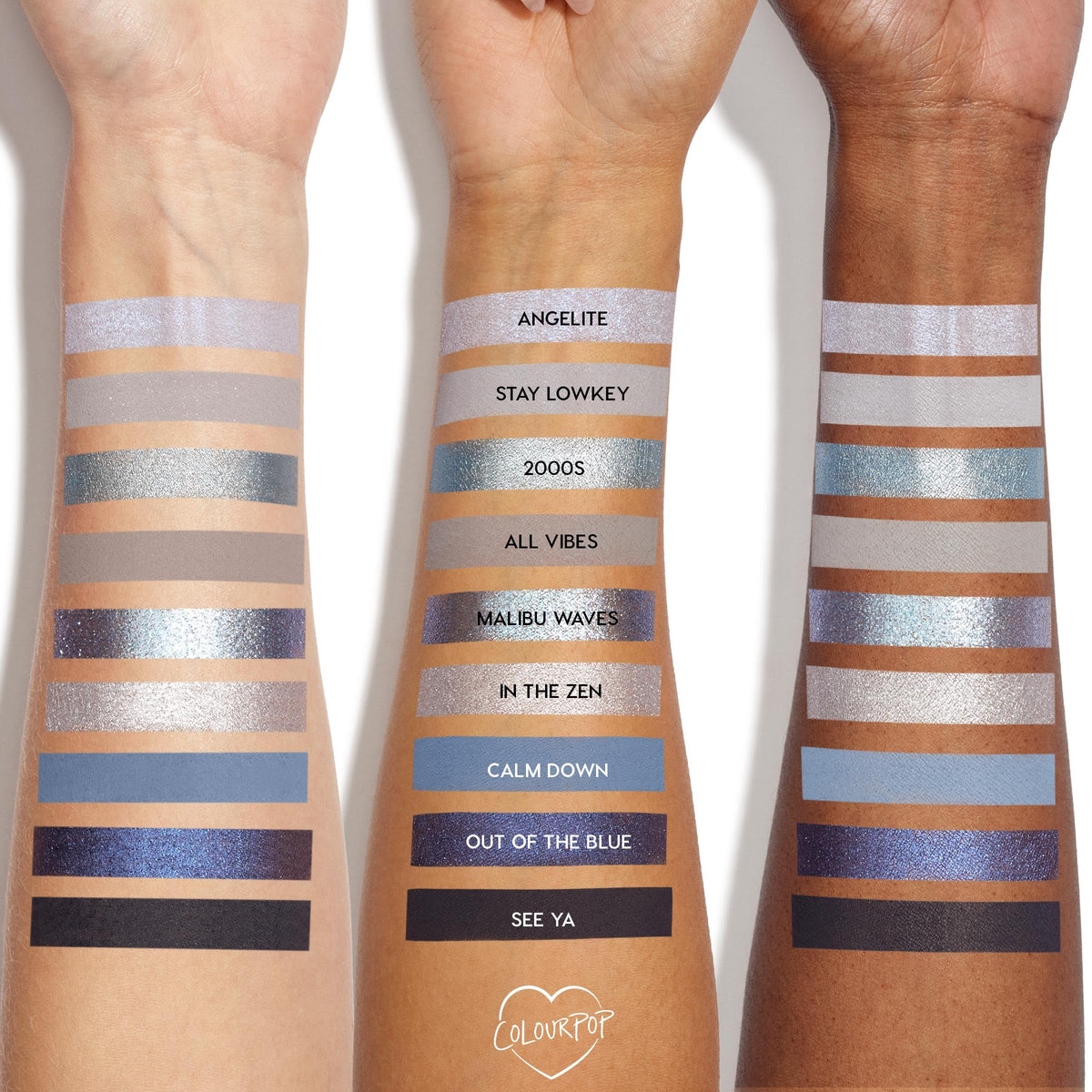 Swatches of blue and silver shades from ColourPop So Elemental Eyeshadow Palette