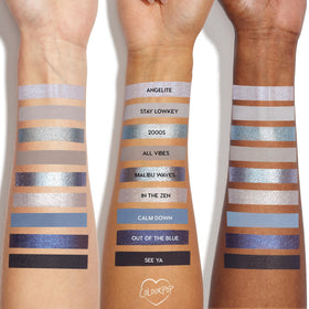 Swatches of blue and silver shades from ColourPop So Elemental Eyeshadow Palette