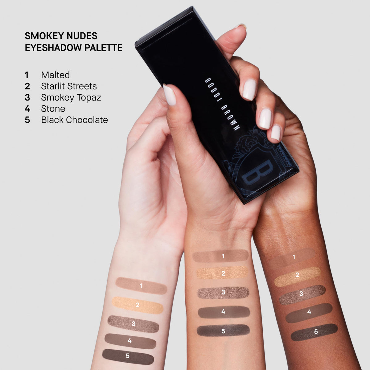 Swatches of Bobbi Brown All Nudes Eyeshadow Palette shades on skin
