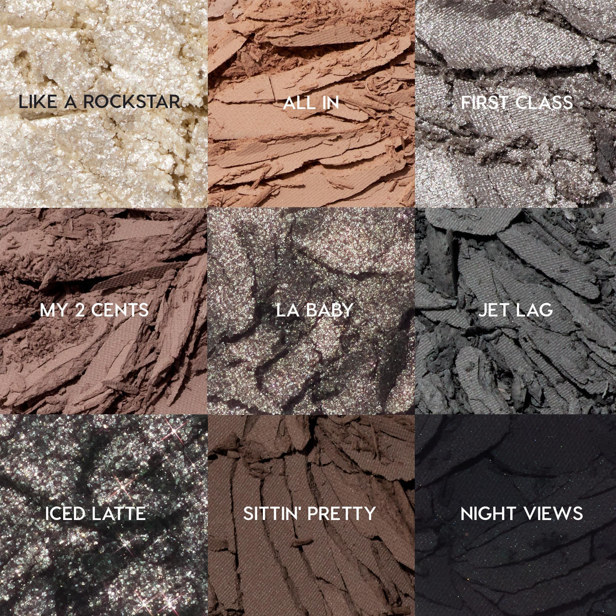 Swatches of ColourPop Eyeshadow Palette Gone Metal shades on skin