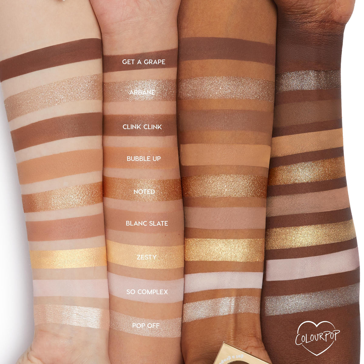 Swatches of ColourPop Feelin' Bubbly Eyeshadow Palette shades