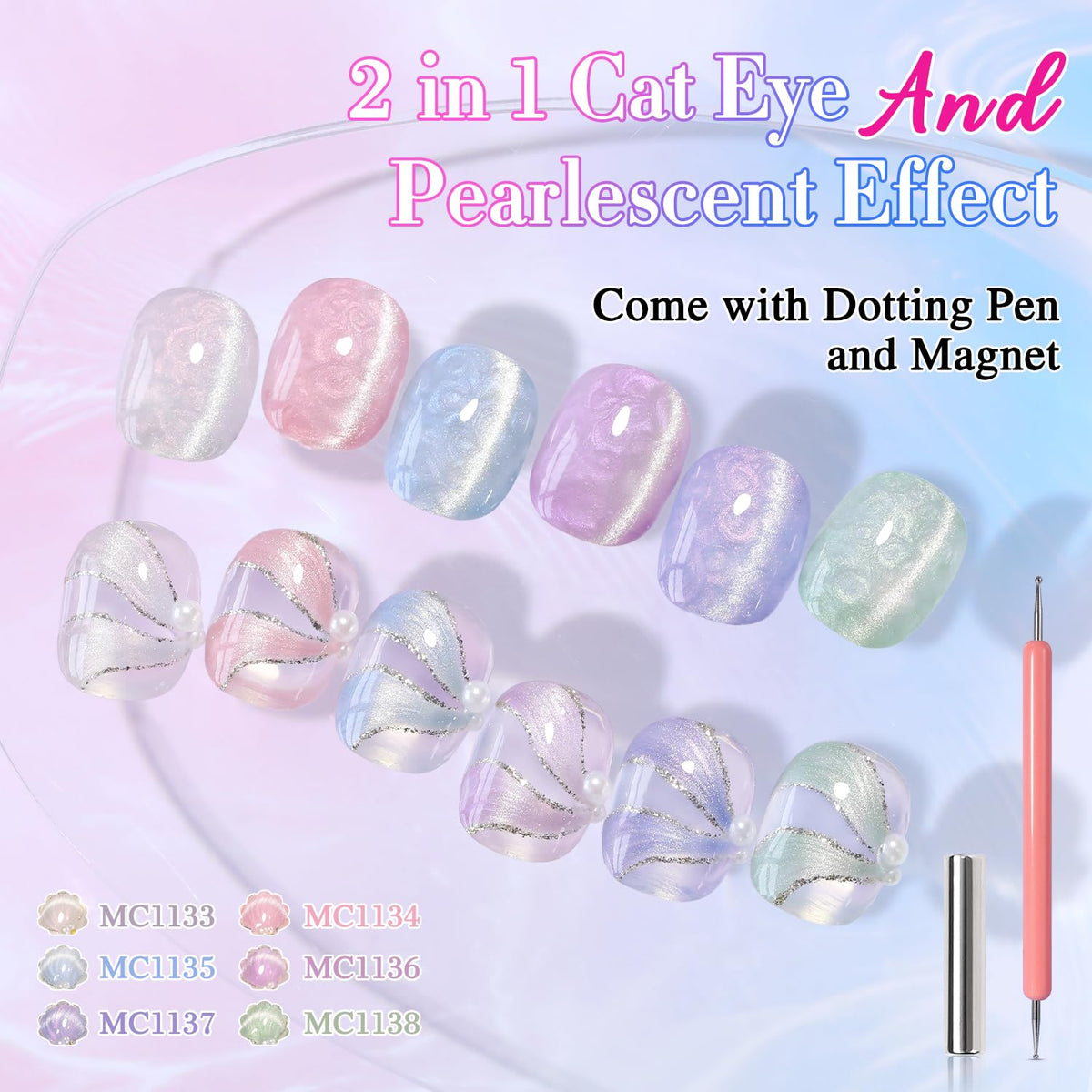 Swatches of Double Rhythm Cat Eye Gel Nail Polish in different shades