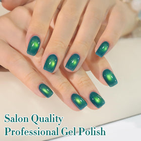 Swatches of Double Rhythm Cat Eye Gel Polish Mint Blue on nails