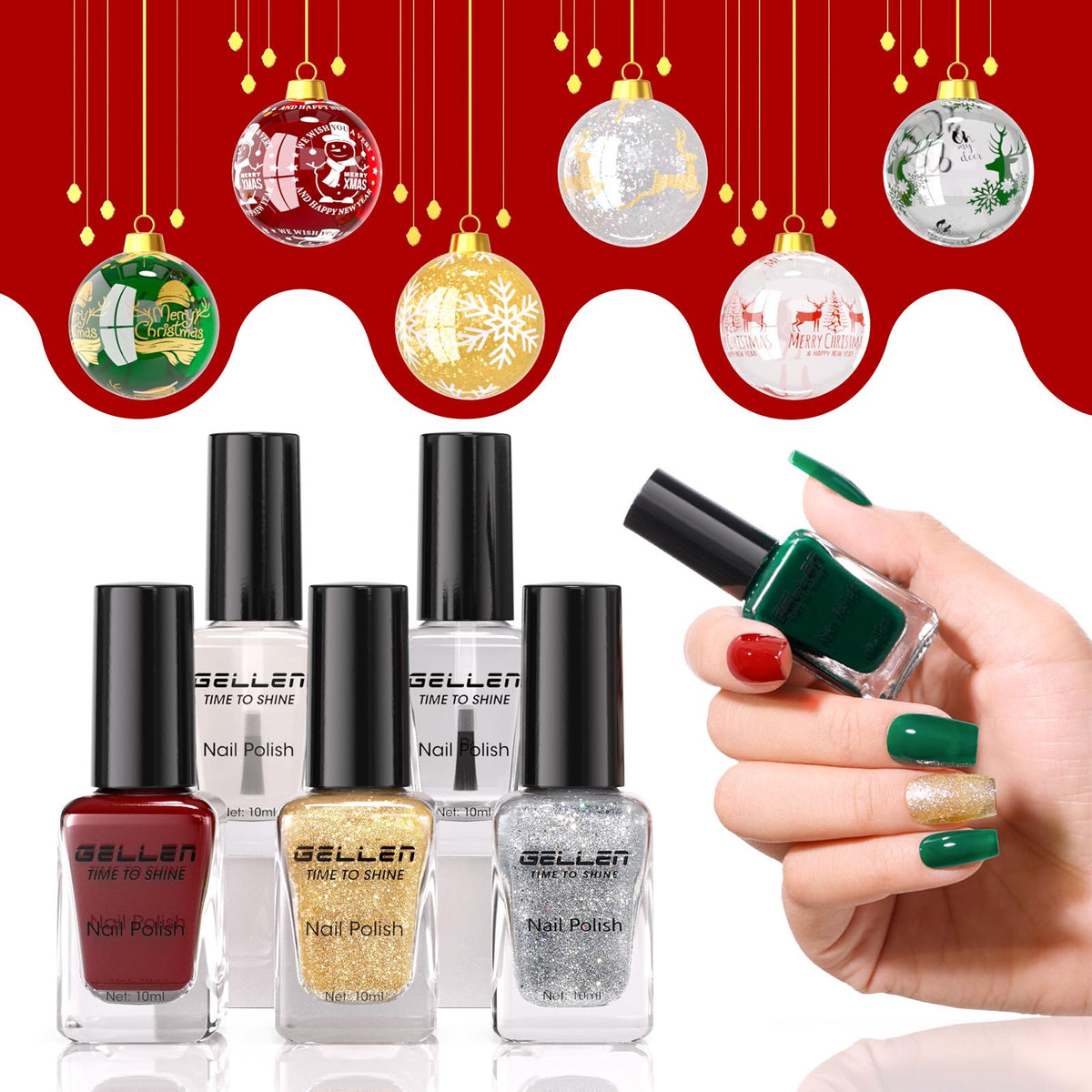 Swatches of GELLEN Christmas Nail Polish in festive colours