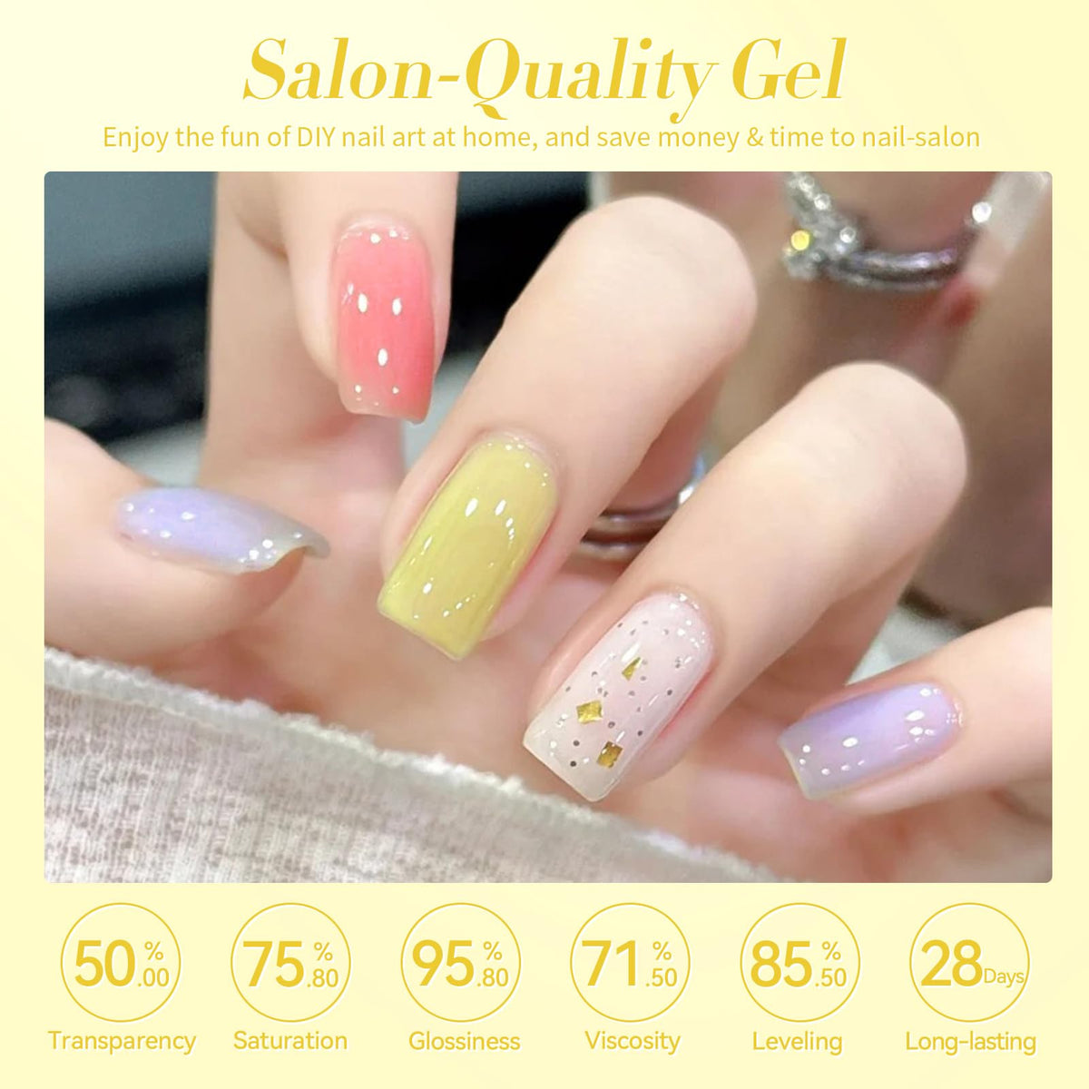 Swatches of pastel jelly gel polish on nails