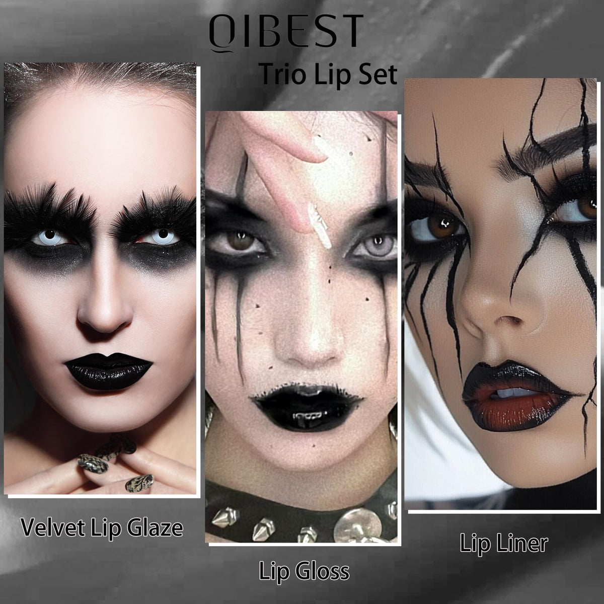 Swatches of QiBest 3-in-1 Black Lipstick Set
