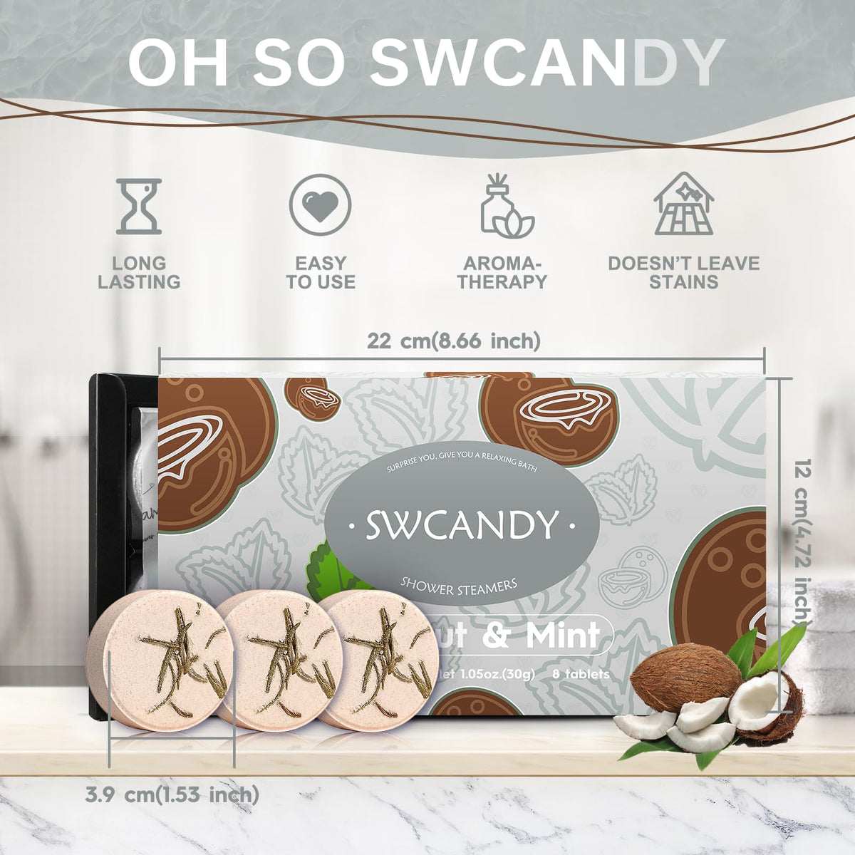 SWCANDY Coconut & Mint Shower Steamer in use during a shower