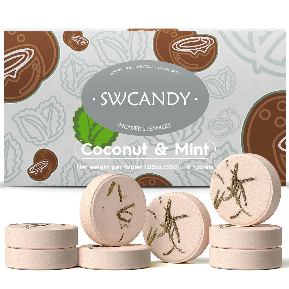 SWCANDY Coconut & Mint Shower Steamers 8 Pack front view