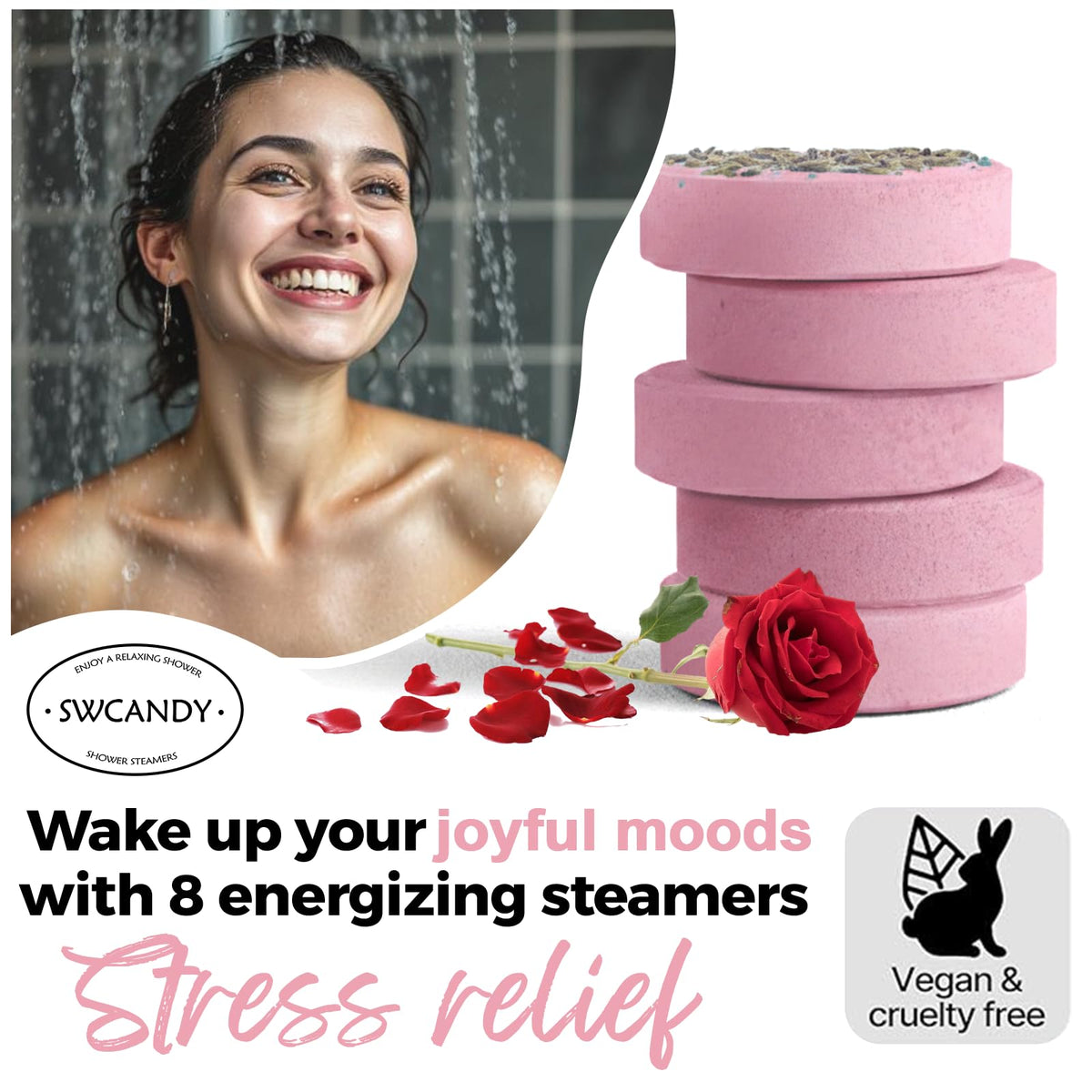 SWCANDY Rose Shower Steamers in a bathroom setting