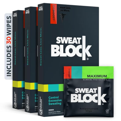 SweatBlock Antiperspirant Wipes front view, 30 count package