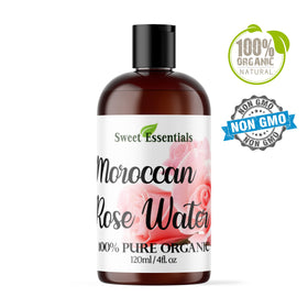 Sweet Essentials Organic Moroccan Rose Water in a natural setting