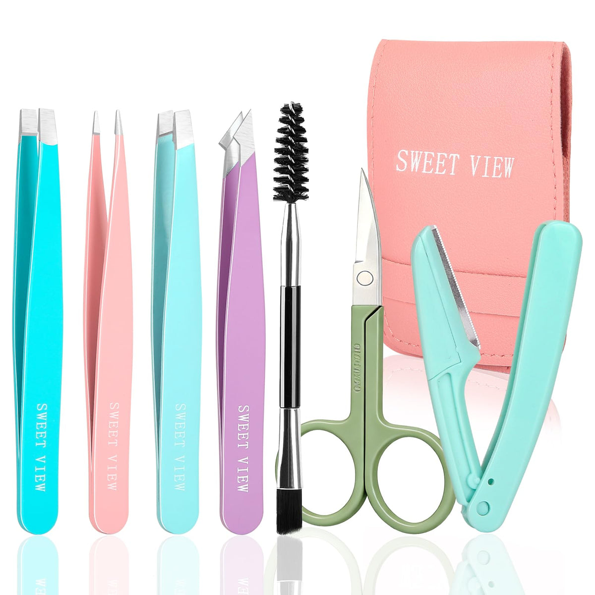 SWEET VIEW 7PCS Tweezers Kit with brow razor and scissors