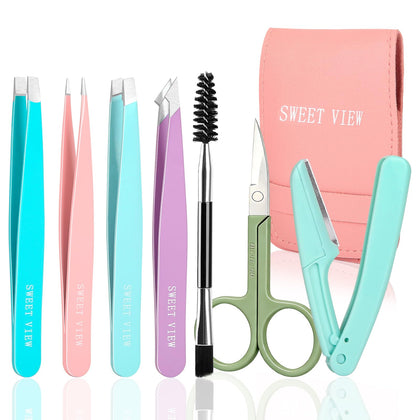 SWEET VIEW 7PCS Tweezers Kit with brow razor and scissors