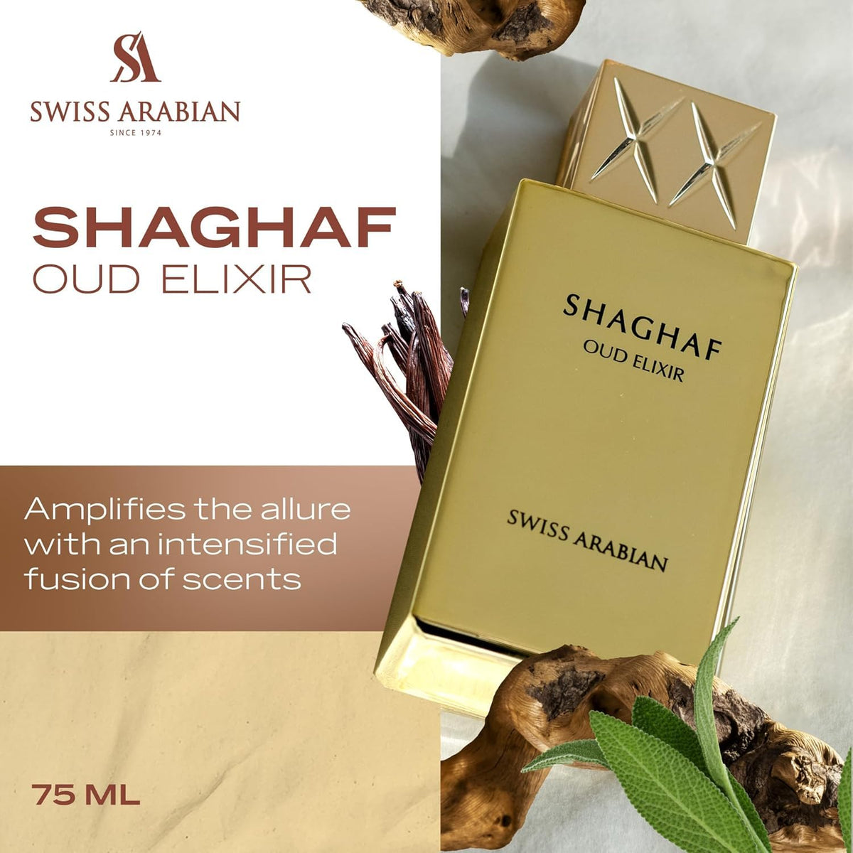 Swiss Arabian Shaghaf Oud Elixir packaging with gold wrapping