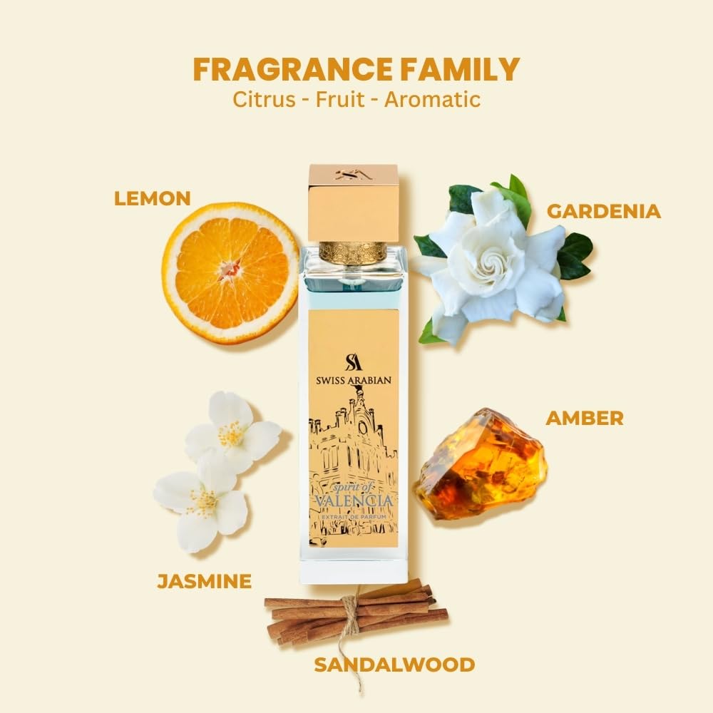 Swiss Arabian Spirit of Valencia bottle with citrus fruits