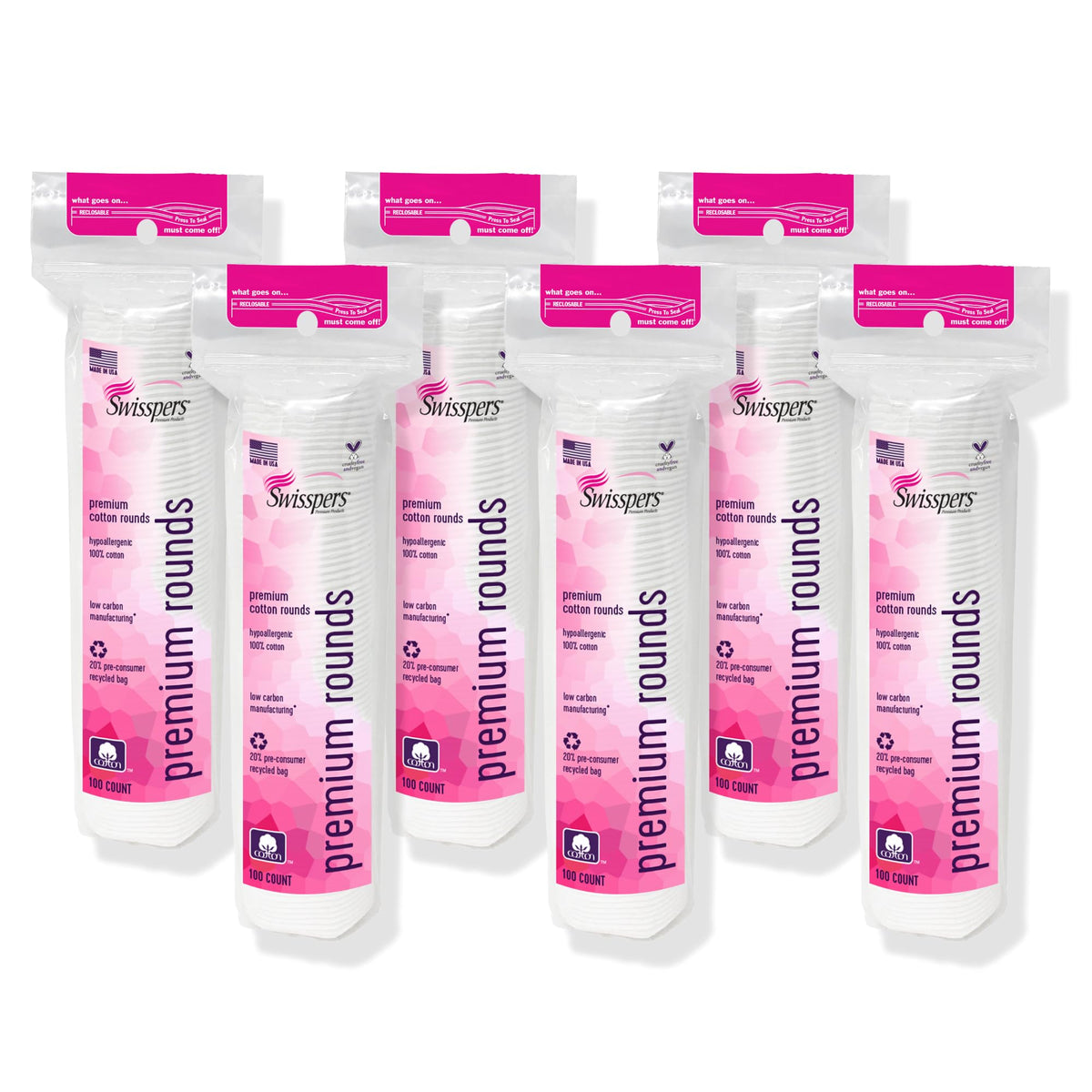 Swisspers Premium Cotton Rounds front view, 100 count pack