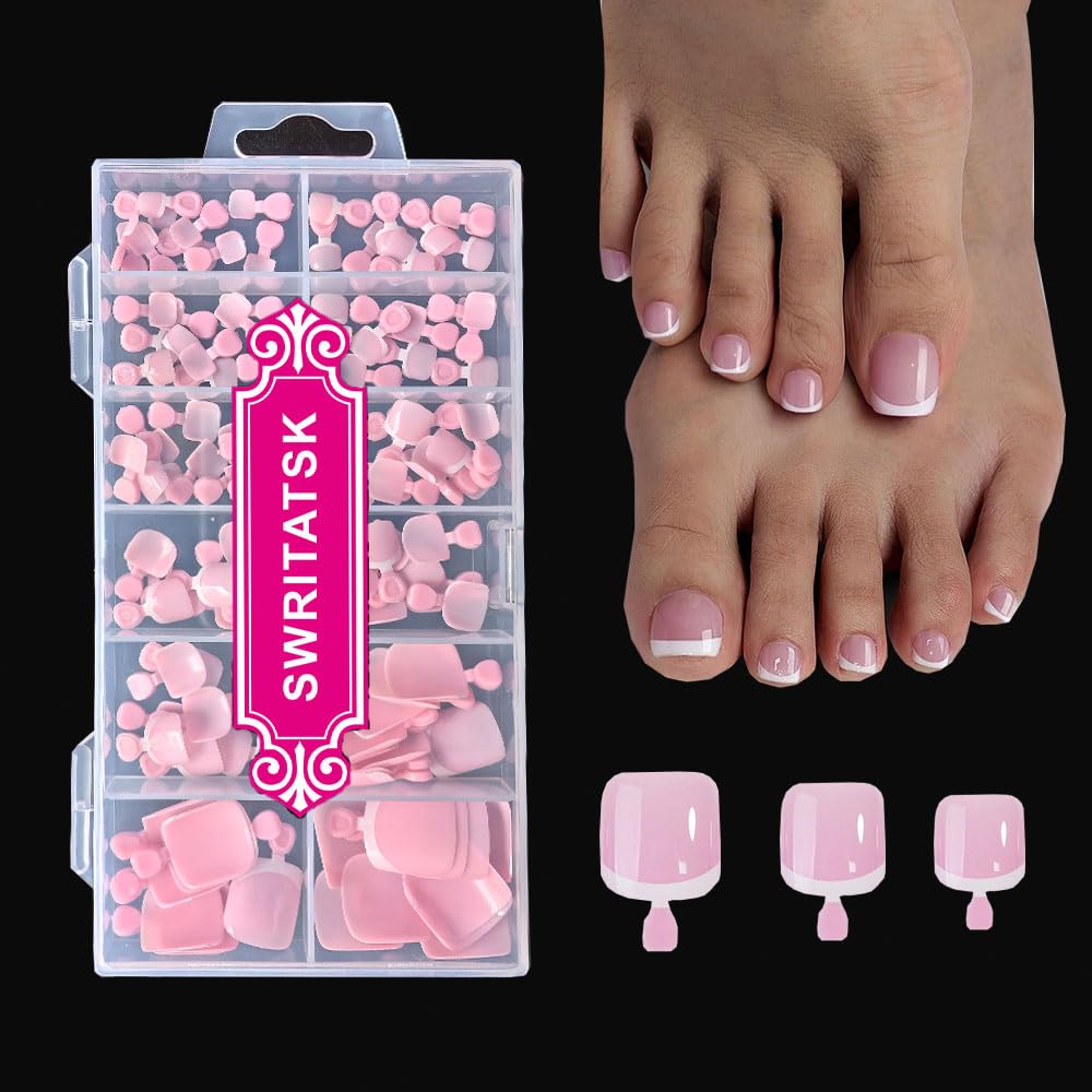 SWRITATSK Press on Toe Nails pink French tips front view