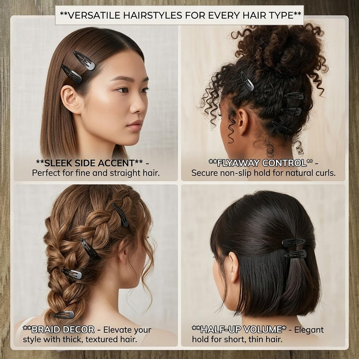 SWSTINLING black snap hair clips on a vanity