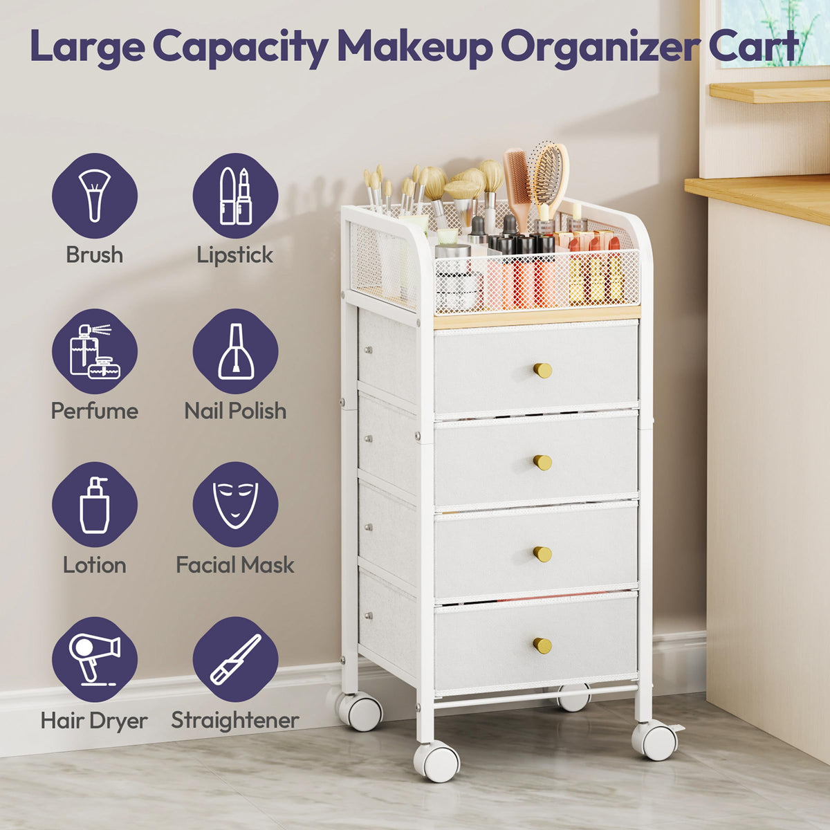 SWTYMIKI Rolling Makeup Organizer Cart close-up of gold-tone handles