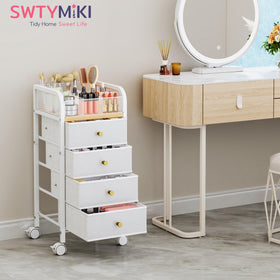 SWTYMIKI Rolling Makeup Organizer Cart in a modern bedroom setting