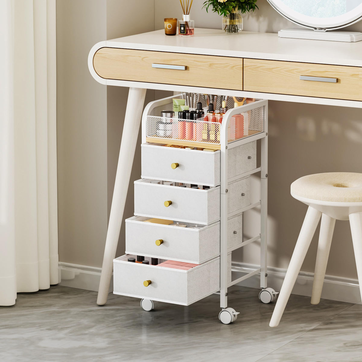 SWTYMIKI Rolling Makeup Organizer Cart side view with wheels
