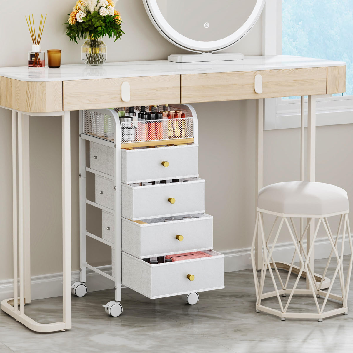 SWTYMIKI Rolling Makeup Organizer Cart top view showing 9 compartments