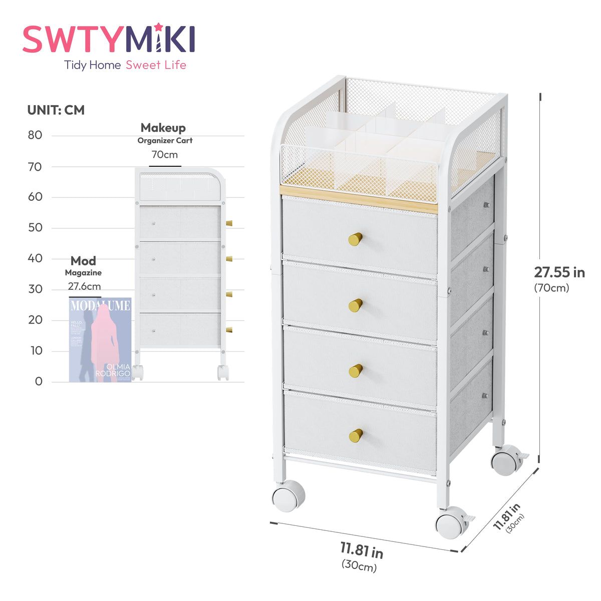 SWTYMIKI Rolling Makeup Organizer Cart with open drawers displaying cosmetics