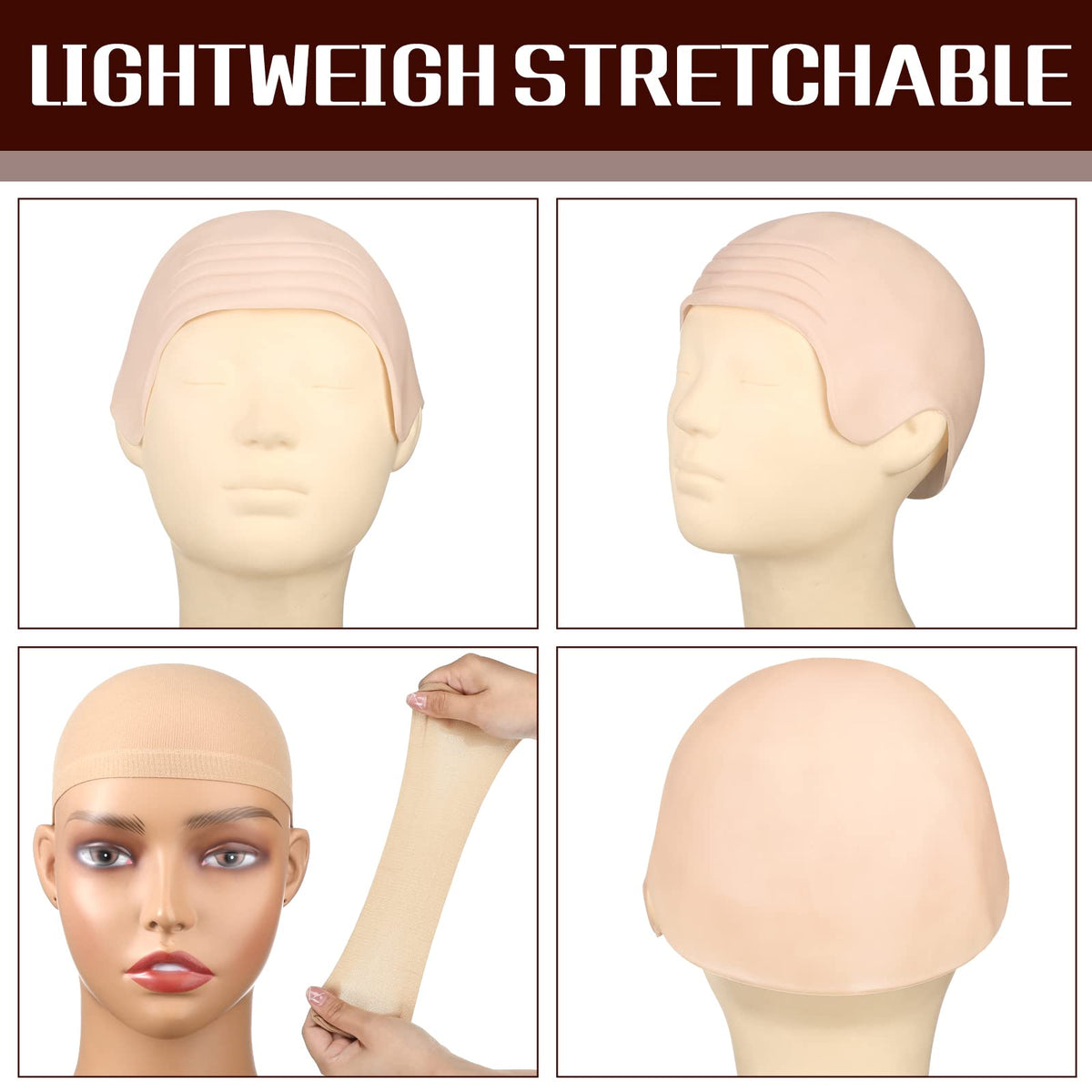 Syhood bald cap and mesh wig cap displayed together