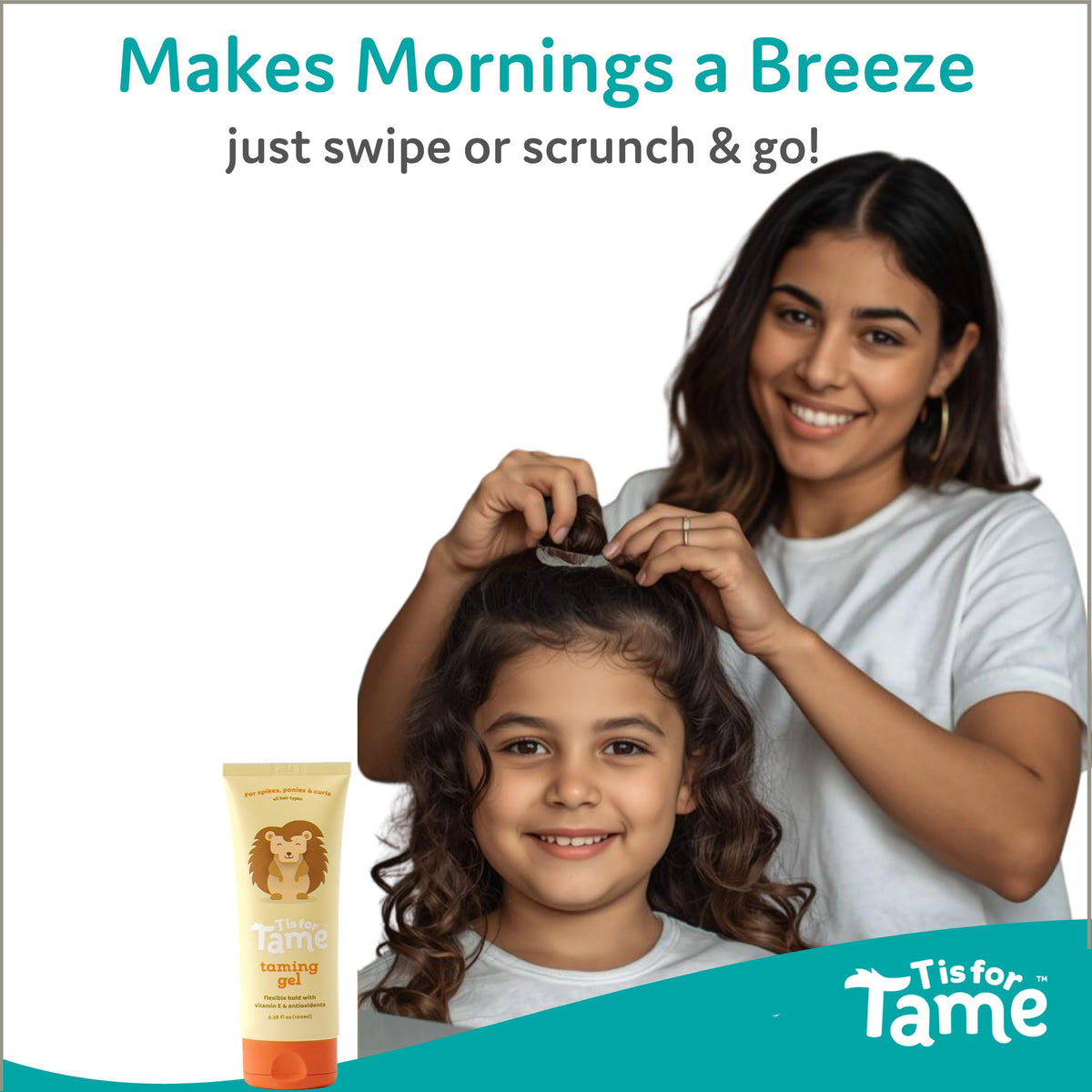 T is for Tame Kids Hair Taming Gel in use on a child's hair