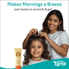T is for Tame Kids Hair Taming Gel in use on a child's hair