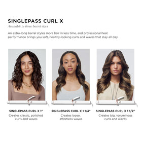T3 SinglePass Curl X curling iron in use on long hair