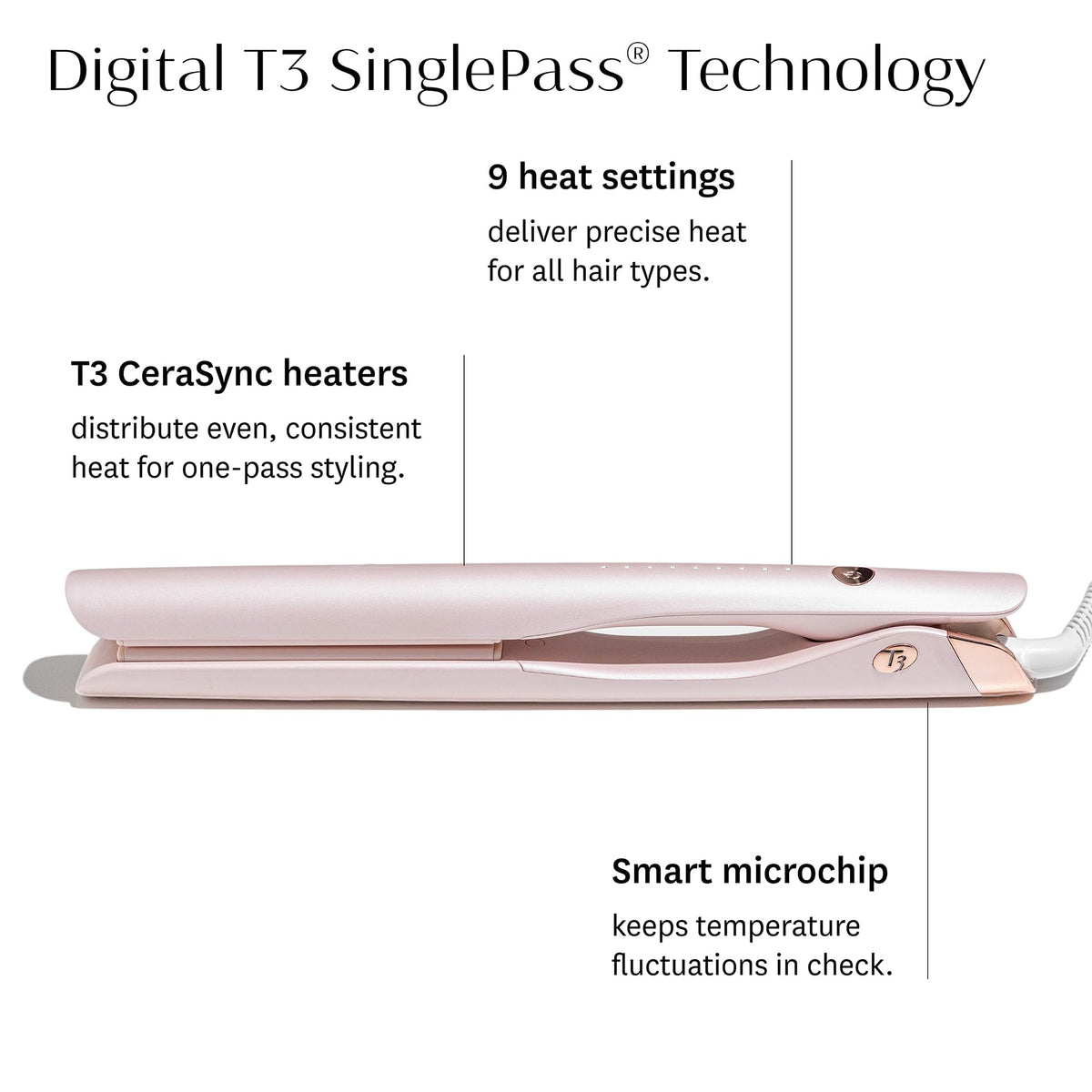 T3 SinglePass Smooth X Flat Iron back view with power cord