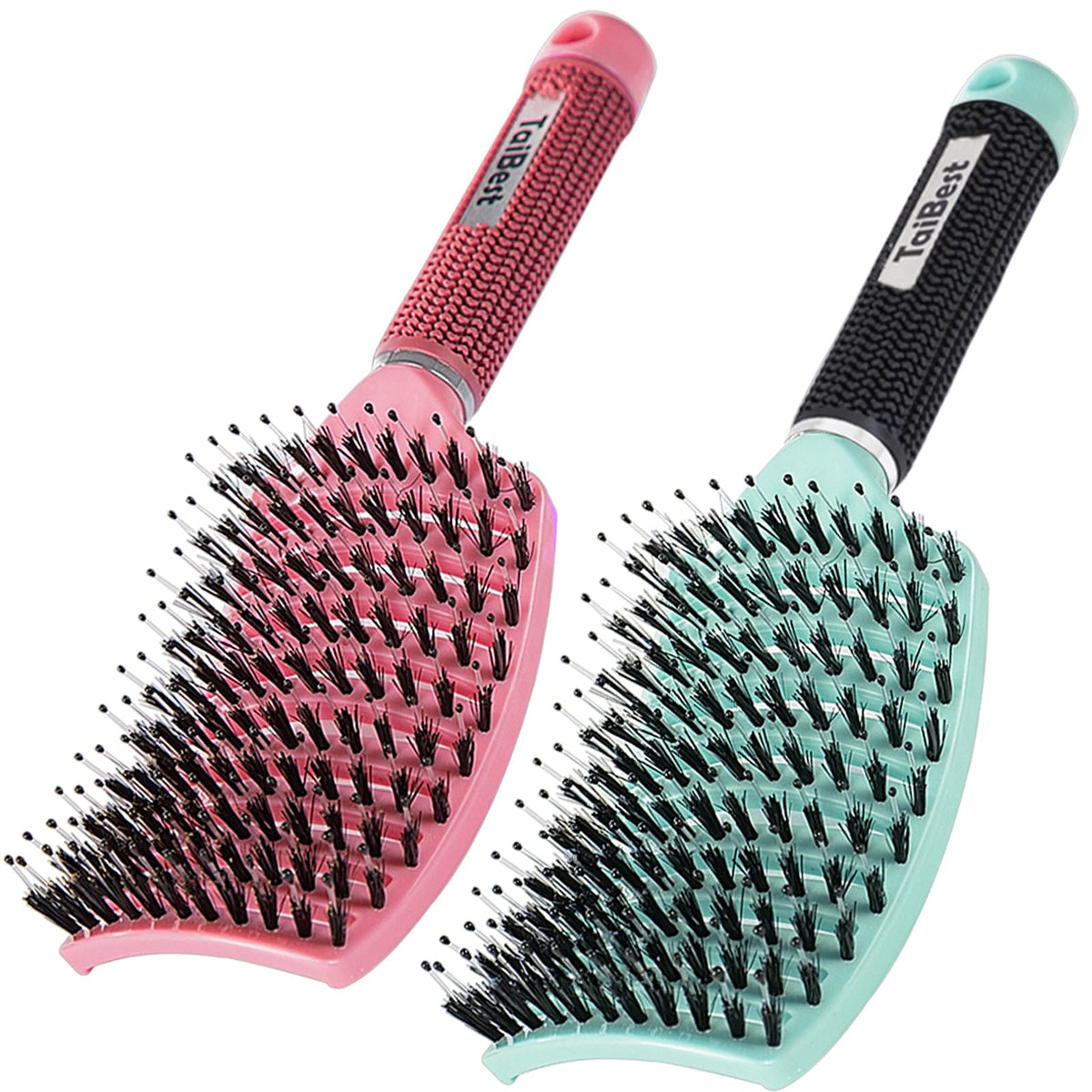 TaiBest Boar Bristle Hair Brush Set in green and apricot pink