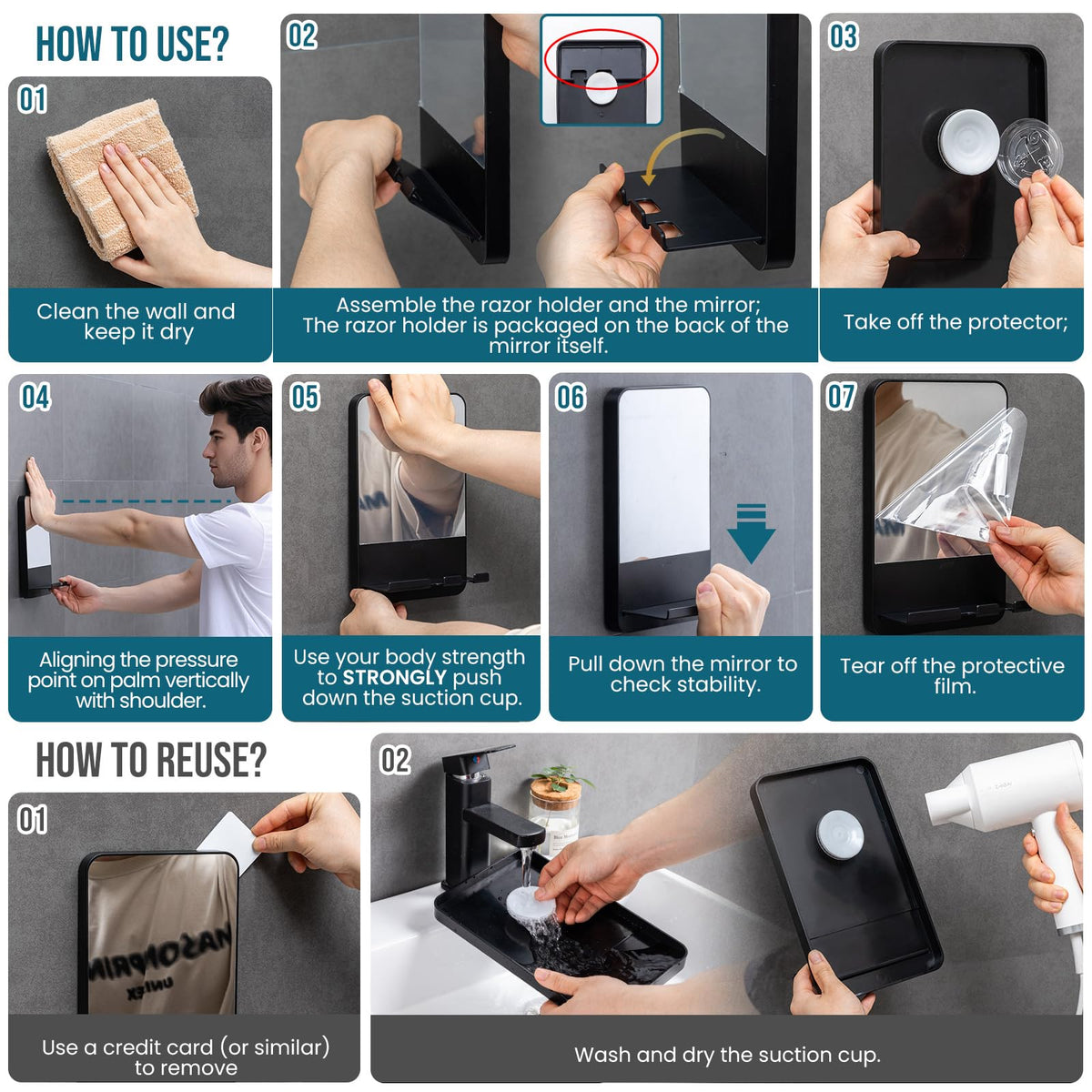 TAILI Shower Mirror mounted on a smooth tile surface