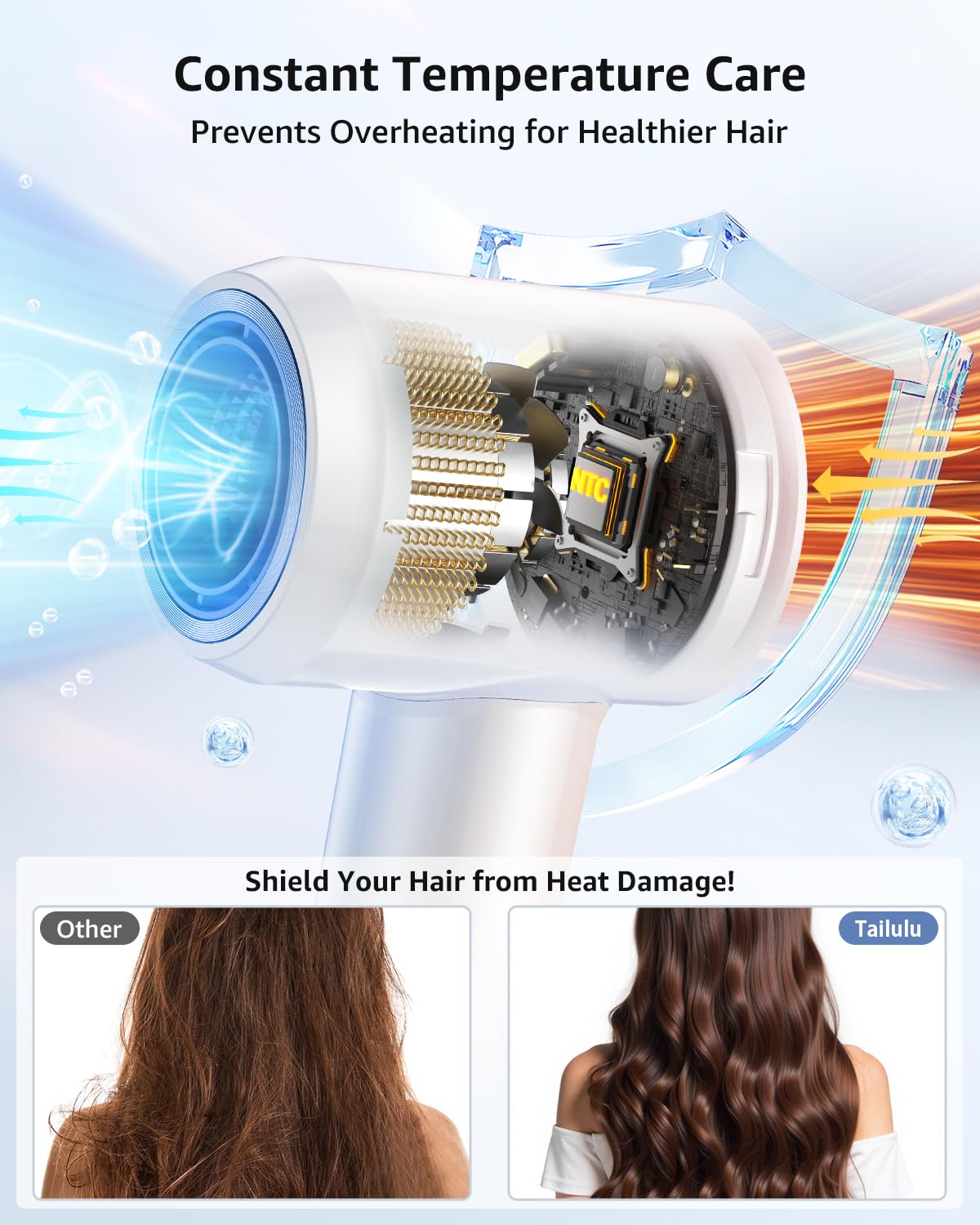 Tailulu Hair Dryer showing 3-color LED heat settings