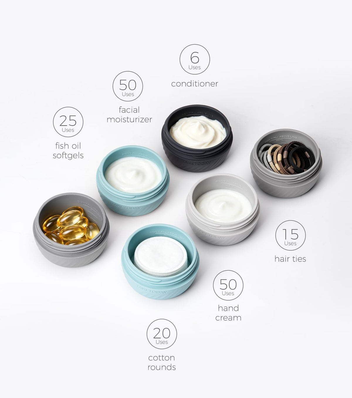 TakeToday Travel Containers 2oz showing leak-proof design and wide mouth opening