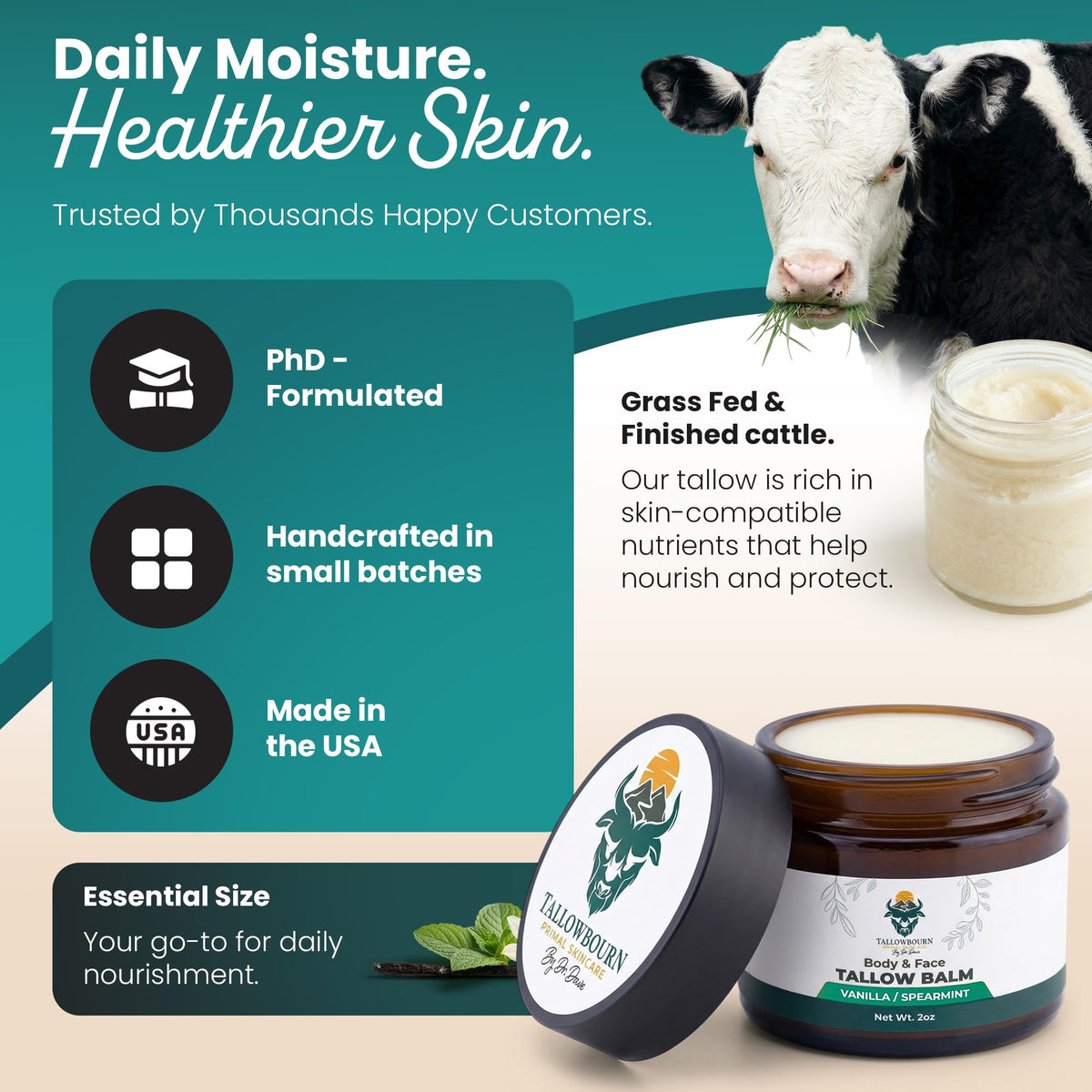 Tallowbourn Beef Tallow Balm 2oz side view showing packaging details