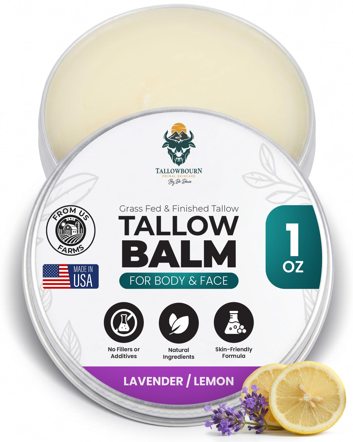 Tallowbourn Beef Tallow Balm Lavender & Lemon 1oz front view