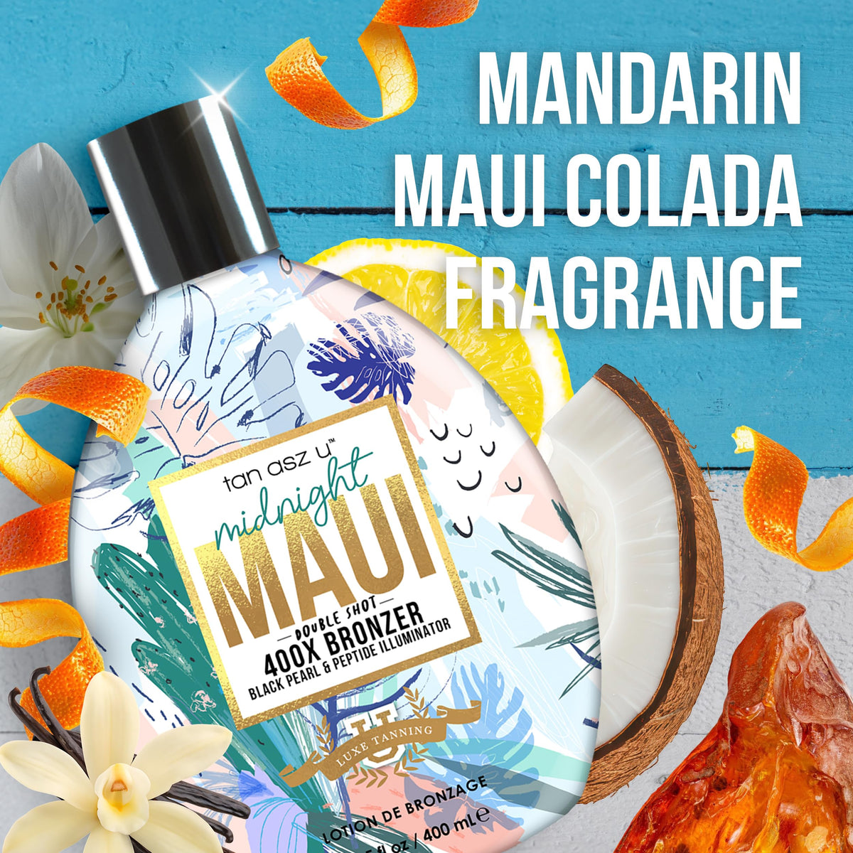 Tan Asz U Midnight Maui 400X Bronzer Indoor Tanning Lotion with tropical scenery
